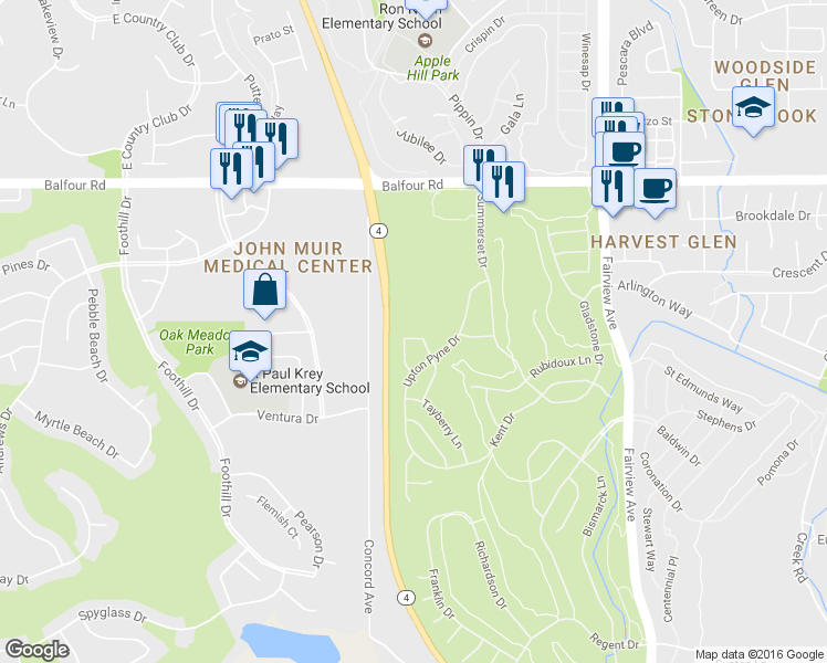 map of restaurants, bars, coffee shops, grocery stores, and more near 268 Wickson Way in Brentwood