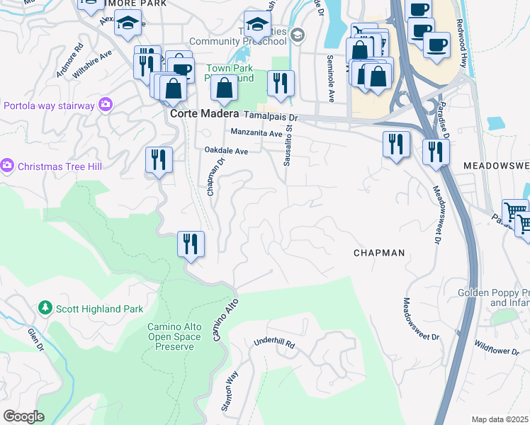 map of restaurants, bars, coffee shops, grocery stores, and more near 11 Alta Way in Corte Madera