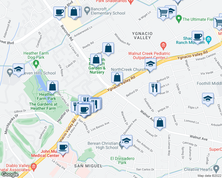 map of restaurants, bars, coffee shops, grocery stores, and more near Ygnacio Valley Road & Walnut Avenue in Walnut Creek