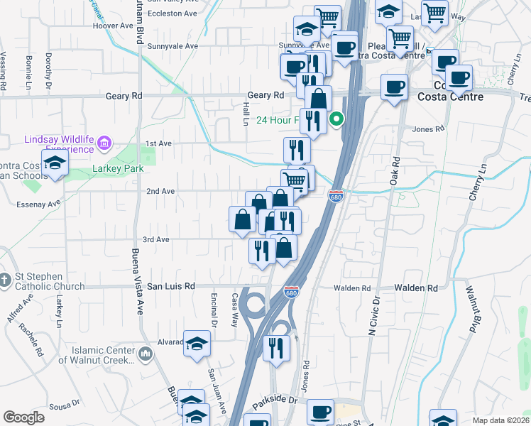 map of restaurants, bars, coffee shops, grocery stores, and more near 63 Mission Lane in Walnut Creek