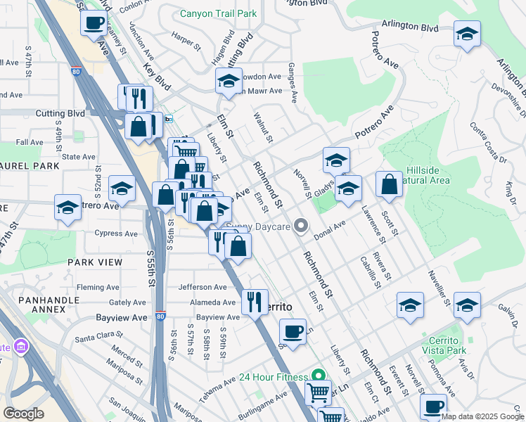 map of restaurants, bars, coffee shops, grocery stores, and more near 1538 Elm Street in El Cerrito