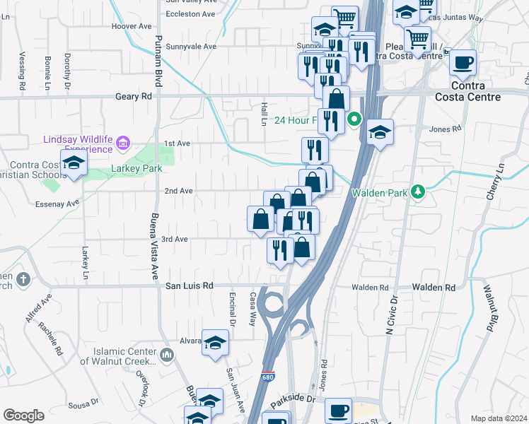 map of restaurants, bars, coffee shops, grocery stores, and more near 2659 Baldwin Lane in Walnut Creek