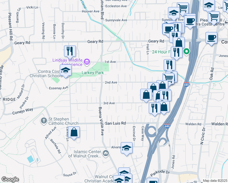 map of restaurants, bars, coffee shops, grocery stores, and more near 7 Christiansen Lane in Walnut Creek