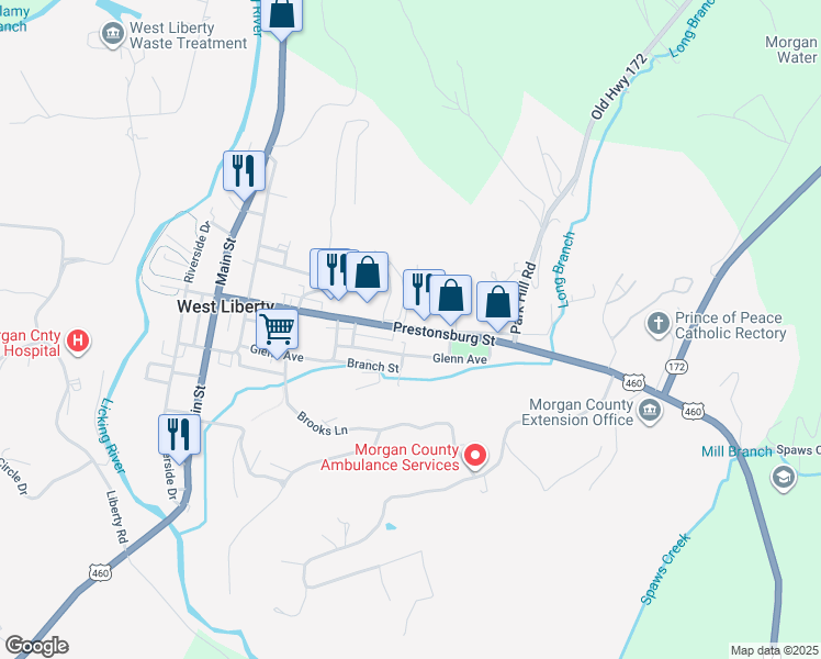 map of restaurants, bars, coffee shops, grocery stores, and more near Prestonsburg Street in West Liberty