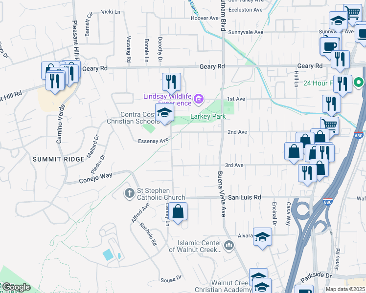 map of restaurants, bars, coffee shops, grocery stores, and more near 1937 2nd Avenue in Walnut Creek