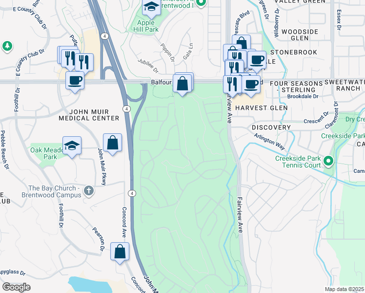 map of restaurants, bars, coffee shops, grocery stores, and more near 210 Summerset Drive in Brentwood