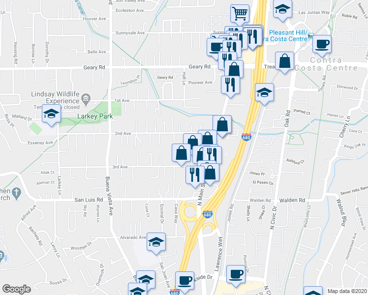 map of restaurants, bars, coffee shops, grocery stores, and more near 2683 Baldwin Lane in Walnut Creek