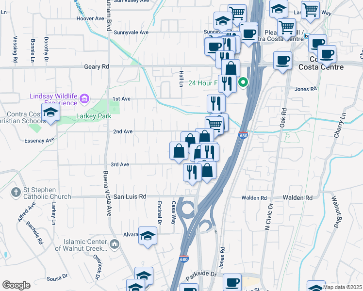 map of restaurants, bars, coffee shops, grocery stores, and more near 2683 Baldwin Lane in Walnut Creek