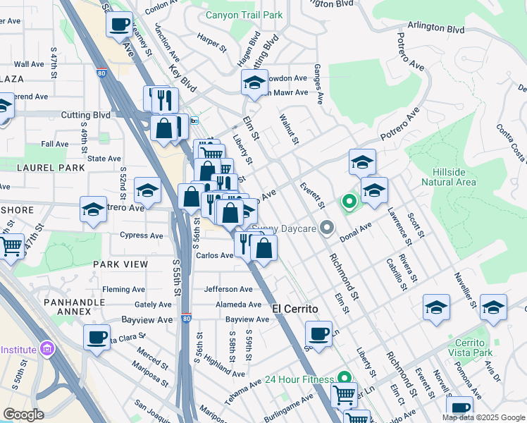 map of restaurants, bars, coffee shops, grocery stores, and more near 6523 Potrero Avenue in El Cerrito