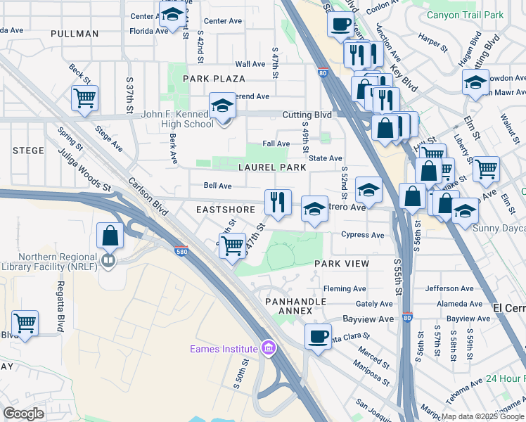 map of restaurants, bars, coffee shops, grocery stores, and more near 4525 Potrero Avenue in Richmond
