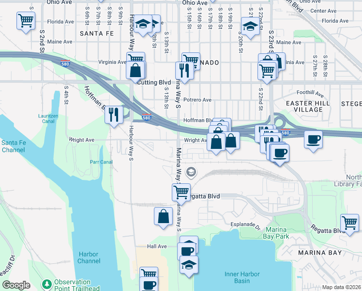 map of restaurants, bars, coffee shops, grocery stores, and more near 1442 Seawind Drive in Richmond