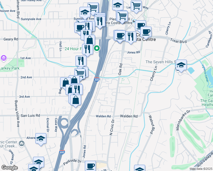 map of restaurants, bars, coffee shops, grocery stores, and more near 2607 Oak Road in Walnut Creek