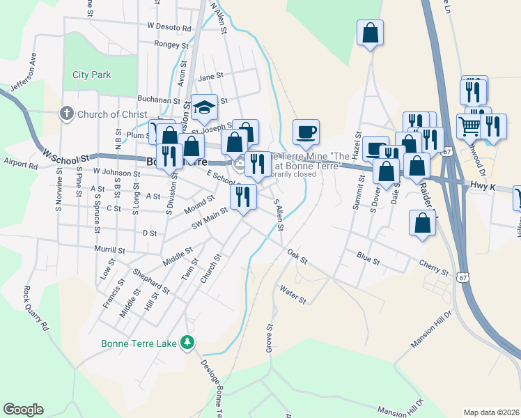 map of restaurants, bars, coffee shops, grocery stores, and more near Elm Street in Bonne Terre
