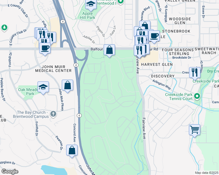 map of restaurants, bars, coffee shops, grocery stores, and more near 210 Summerset Drive in Brentwood