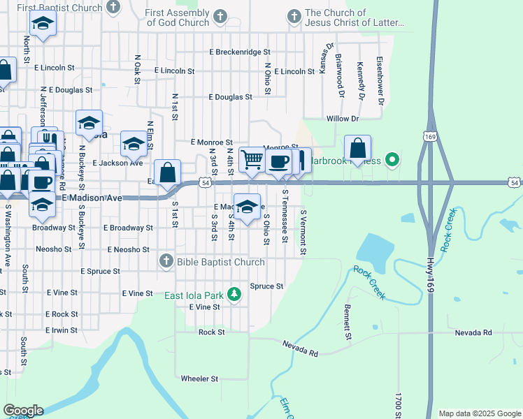 map of restaurants, bars, coffee shops, grocery stores, and more near 1-105 South Ohio Street in Iola