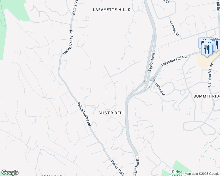 map of restaurants, bars, coffee shops, grocery stores, and more near 1531 Rancho View Drive in Lafayette