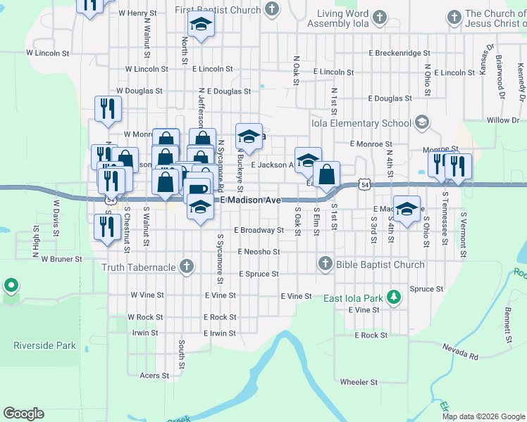 map of restaurants, bars, coffee shops, grocery stores, and more near 218 E Madison Ave in Iola