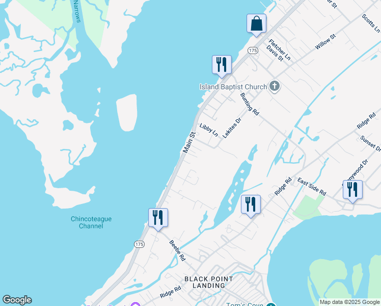 map of restaurants, bars, coffee shops, grocery stores, and more near 3374 Main Street in Chincoteague