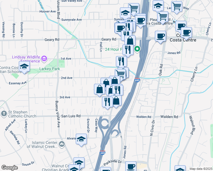 map of restaurants, bars, coffee shops, grocery stores, and more near 23 Baldwin Court in Walnut Creek