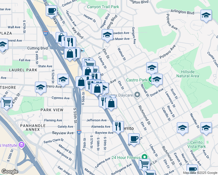 map of restaurants, bars, coffee shops, grocery stores, and more near 1538 Lexington Avenue in El Cerrito