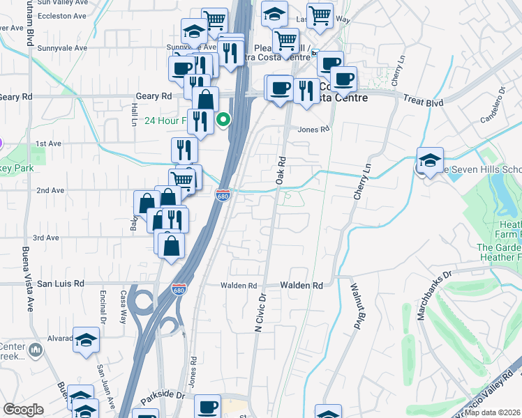 map of restaurants, bars, coffee shops, grocery stores, and more near 2675 Oak Road in Walnut Creek