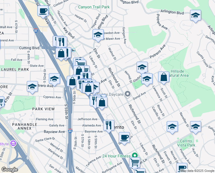 map of restaurants, bars, coffee shops, grocery stores, and more near 1538 Elm Street in El Cerrito