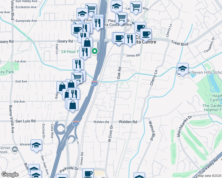 map of restaurants, bars, coffee shops, grocery stores, and more near 2675 Oak Road in Walnut Creek