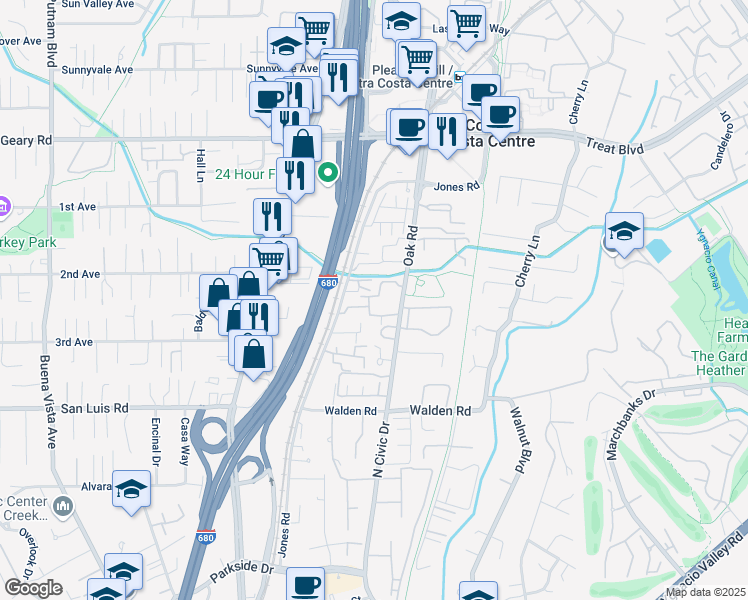 map of restaurants, bars, coffee shops, grocery stores, and more near 2675 Oak Road in Walnut Creek
