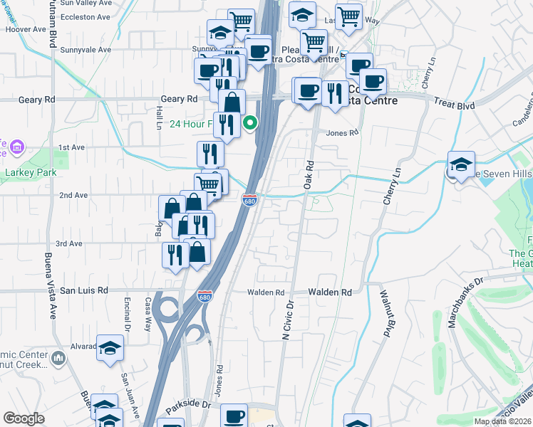 map of restaurants, bars, coffee shops, grocery stores, and more near 2640 Jones Road in Walnut Creek