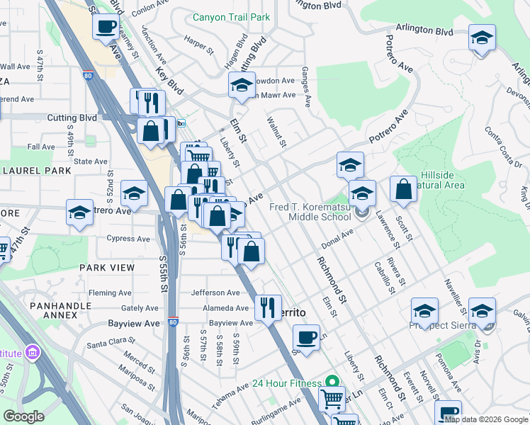 map of restaurants, bars, coffee shops, grocery stores, and more near 1538 Elm Street in El Cerrito