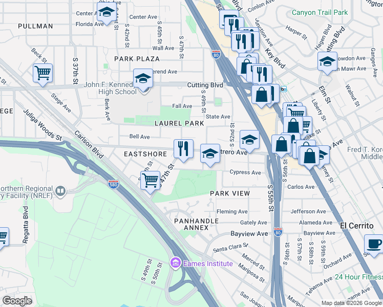 map of restaurants, bars, coffee shops, grocery stores, and more near 4725 Potrero Avenue in Richmond