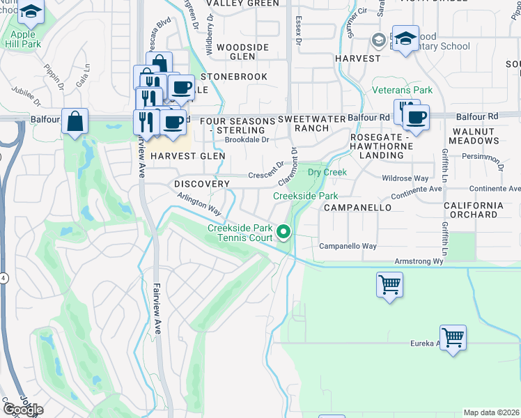 map of restaurants, bars, coffee shops, grocery stores, and more near 388 Torrington Drive in Brentwood
