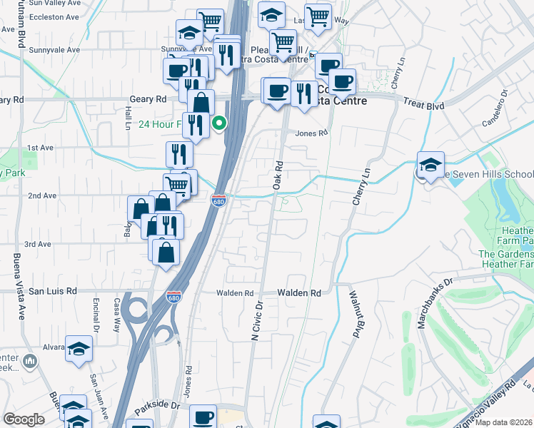 map of restaurants, bars, coffee shops, grocery stores, and more near 2643 Oak Road in Walnut Creek