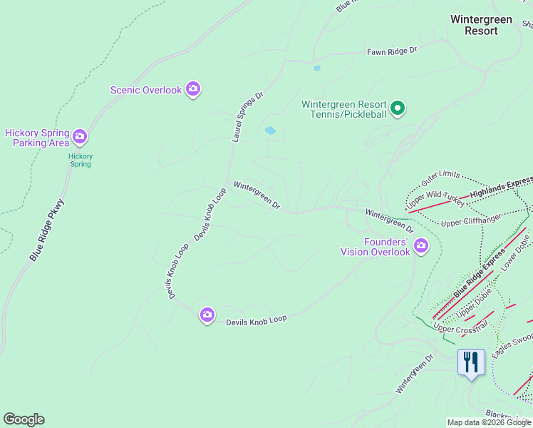 map of restaurants, bars, coffee shops, grocery stores, and more near 147 Devils Bend in Wintergreen Resort