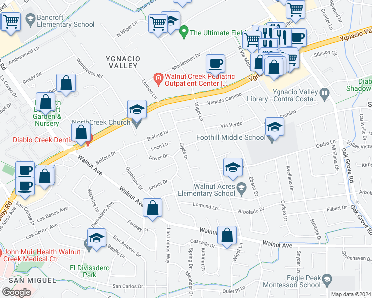 map of restaurants, bars, coffee shops, grocery stores, and more near 222 Clyde Drive in Walnut Creek