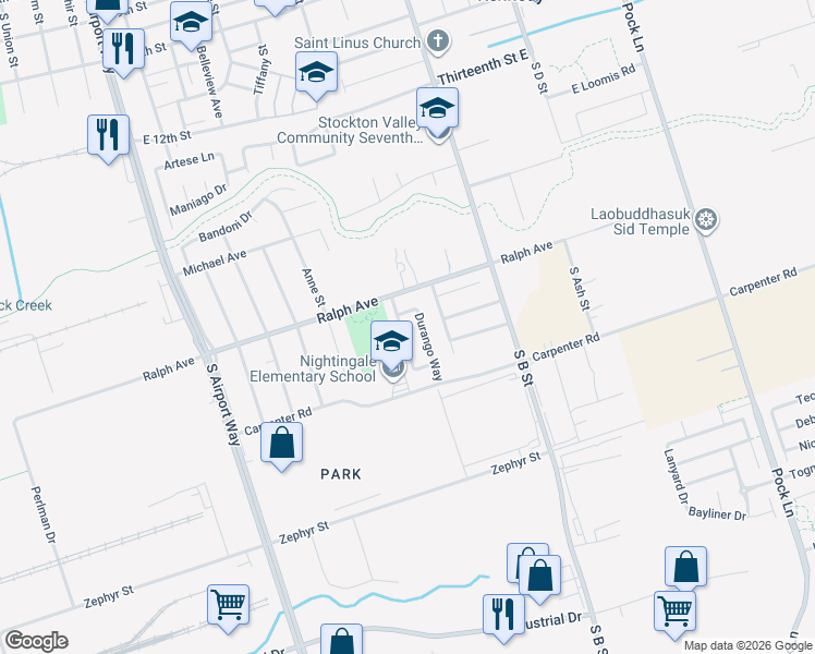 map of restaurants, bars, coffee shops, grocery stores, and more near 3338 Zamora Way in Stockton