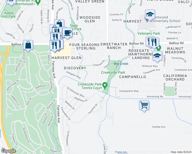 map of restaurants, bars, coffee shops, grocery stores, and more near 388 Torrington Drive in Brentwood