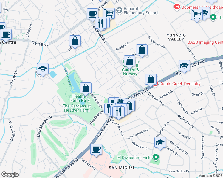 map of restaurants, bars, coffee shops, grocery stores, and more near 1848 Stratton Circle in Walnut Creek