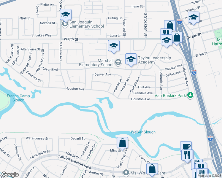 map of restaurants, bars, coffee shops, grocery stores, and more near 2758 Spring Hill Drive in Stockton