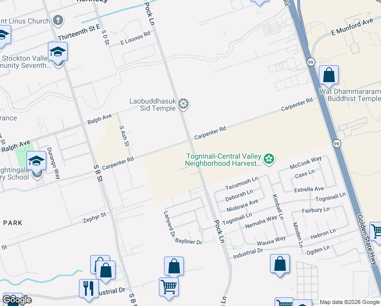 map of restaurants, bars, coffee shops, grocery stores, and more near 3639 Pock Lane in Stockton