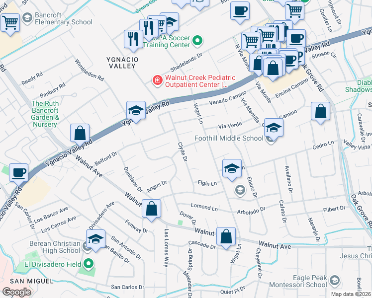 map of restaurants, bars, coffee shops, grocery stores, and more near 222 Clyde Drive in Walnut Creek