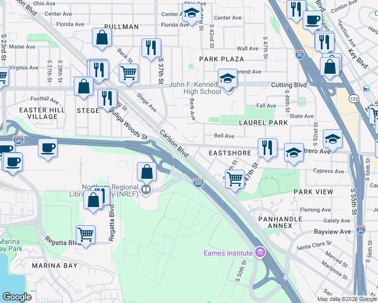map of restaurants, bars, coffee shops, grocery stores, and more near 87 Potrero Avenue in Richmond