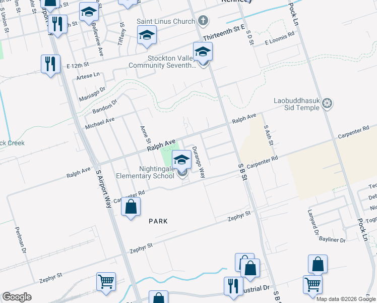 map of restaurants, bars, coffee shops, grocery stores, and more near 3320 Durango Way in Stockton