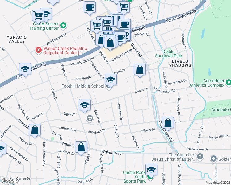 map of restaurants, bars, coffee shops, grocery stores, and more near 2775 Cedro Lane in Walnut Creek