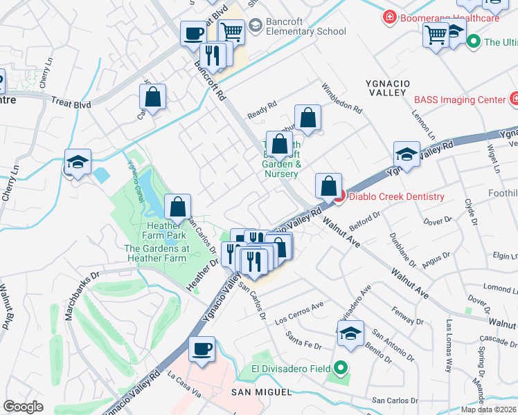 map of restaurants, bars, coffee shops, grocery stores, and more near 220 Park Lake Circle in Walnut Creek