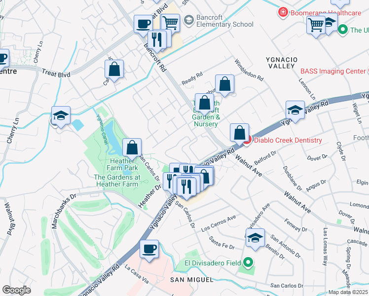 map of restaurants, bars, coffee shops, grocery stores, and more near 1834 Stratton Circle in Walnut Creek
