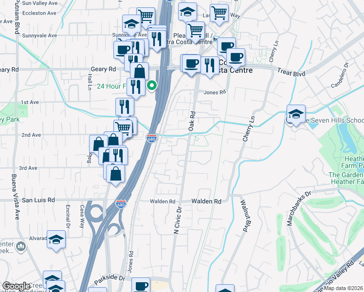 map of restaurants, bars, coffee shops, grocery stores, and more near 2675 Oak Road in Walnut Creek