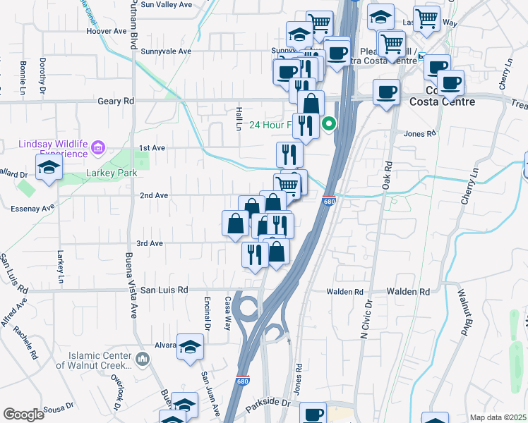 map of restaurants, bars, coffee shops, grocery stores, and more near 20 Mission Lane in Walnut Creek