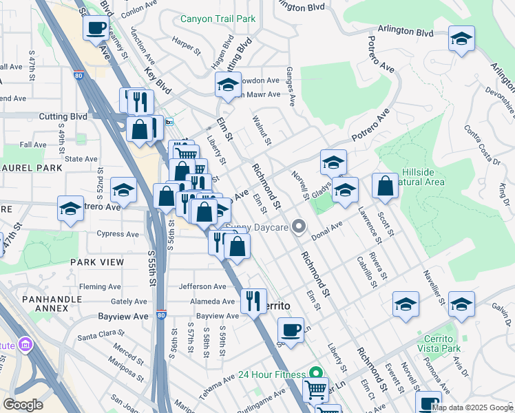 map of restaurants, bars, coffee shops, grocery stores, and more near 1538 Elm Street in El Cerrito