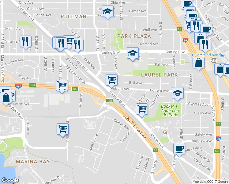 map of restaurants, bars, coffee shops, grocery stores, and more near 87 Potrero Avenue in Richmond